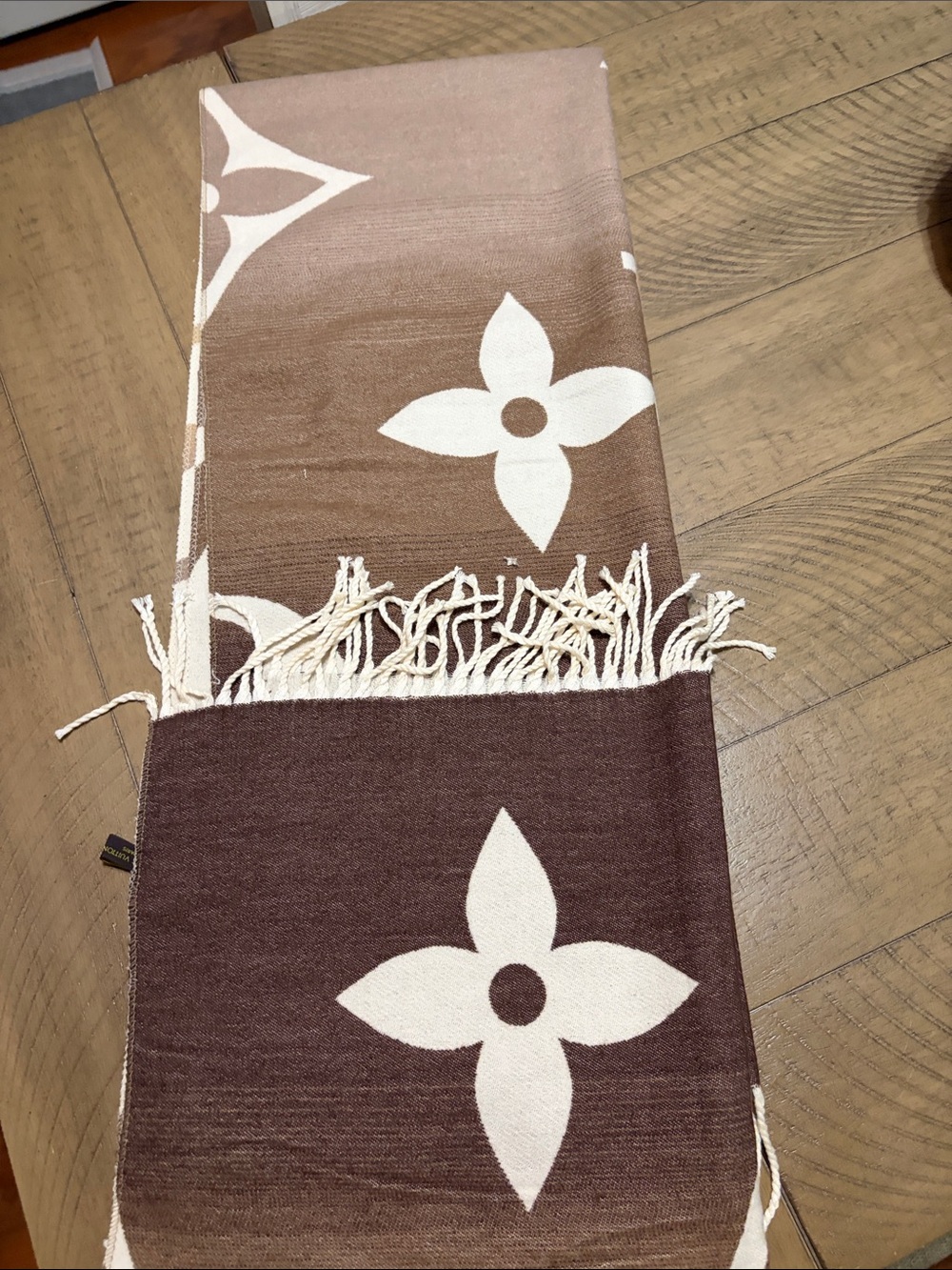 Brown and Cream Cashmere-Silk Fringe Throw Blanket